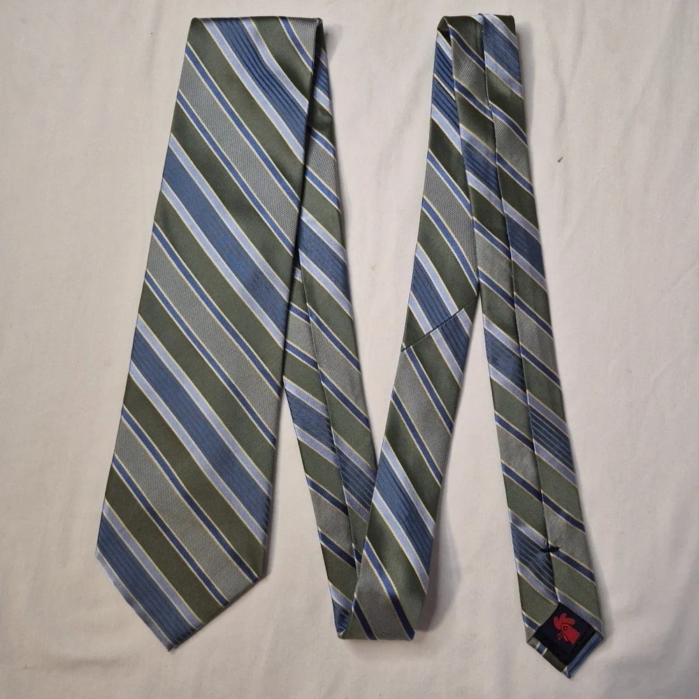 Rooster Mens Tie Green Blue Gold‎ Diagonal Stripe Silk Necktie Executive Office